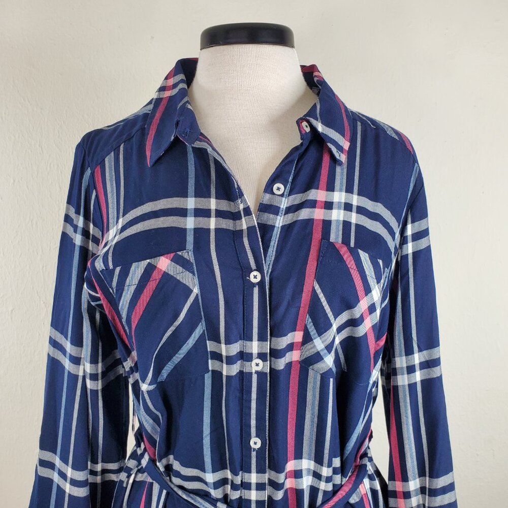 Motherhood maternity blue plaid dress large belted Roll Tab Sleeves pockets NWT